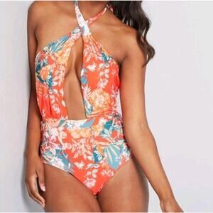 Modcloth Orange Multicolor Floral Halter Low Cut Bethany One-Piece Swimsuit Sz S